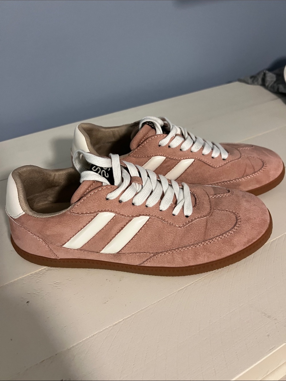 ShuShop Blush Suede Sneakers with White Stripes